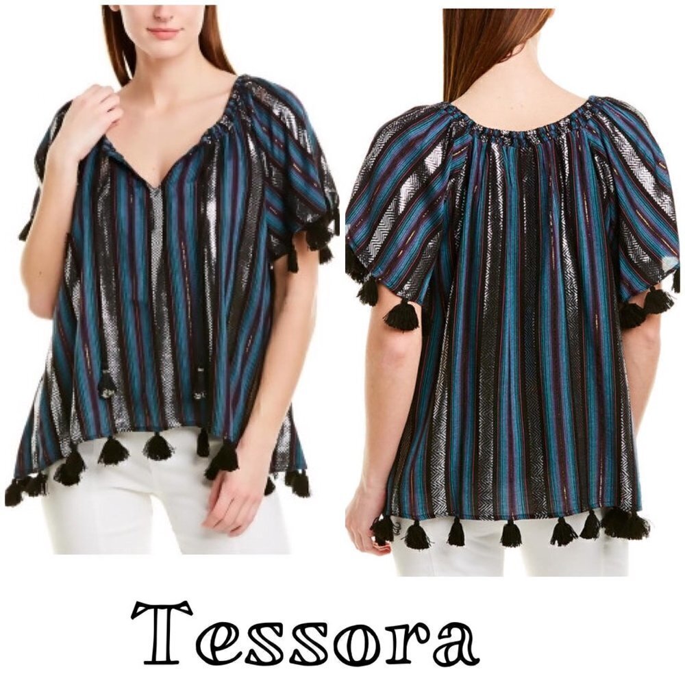 Tessora Metallic Jacquard Tassel Top XS –Black Green Blue Stripe Boho Blouse NWT